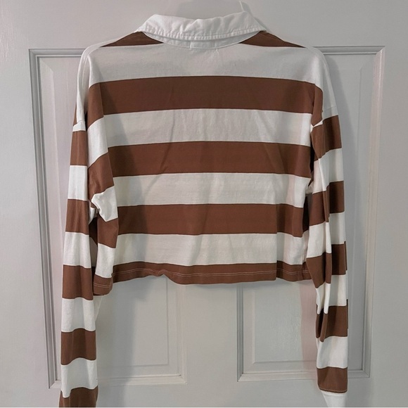 Brown Striped Polo Collar Long Sleeve Cropped Casual Tee - Picture 2 of 7